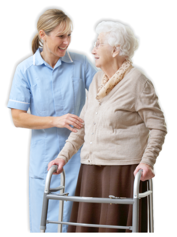 elder woman and a caregiver smiling at each other
